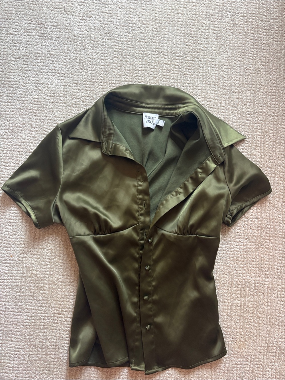 Princess Polly Olive Satin Short-Sleeve Button-Up Top